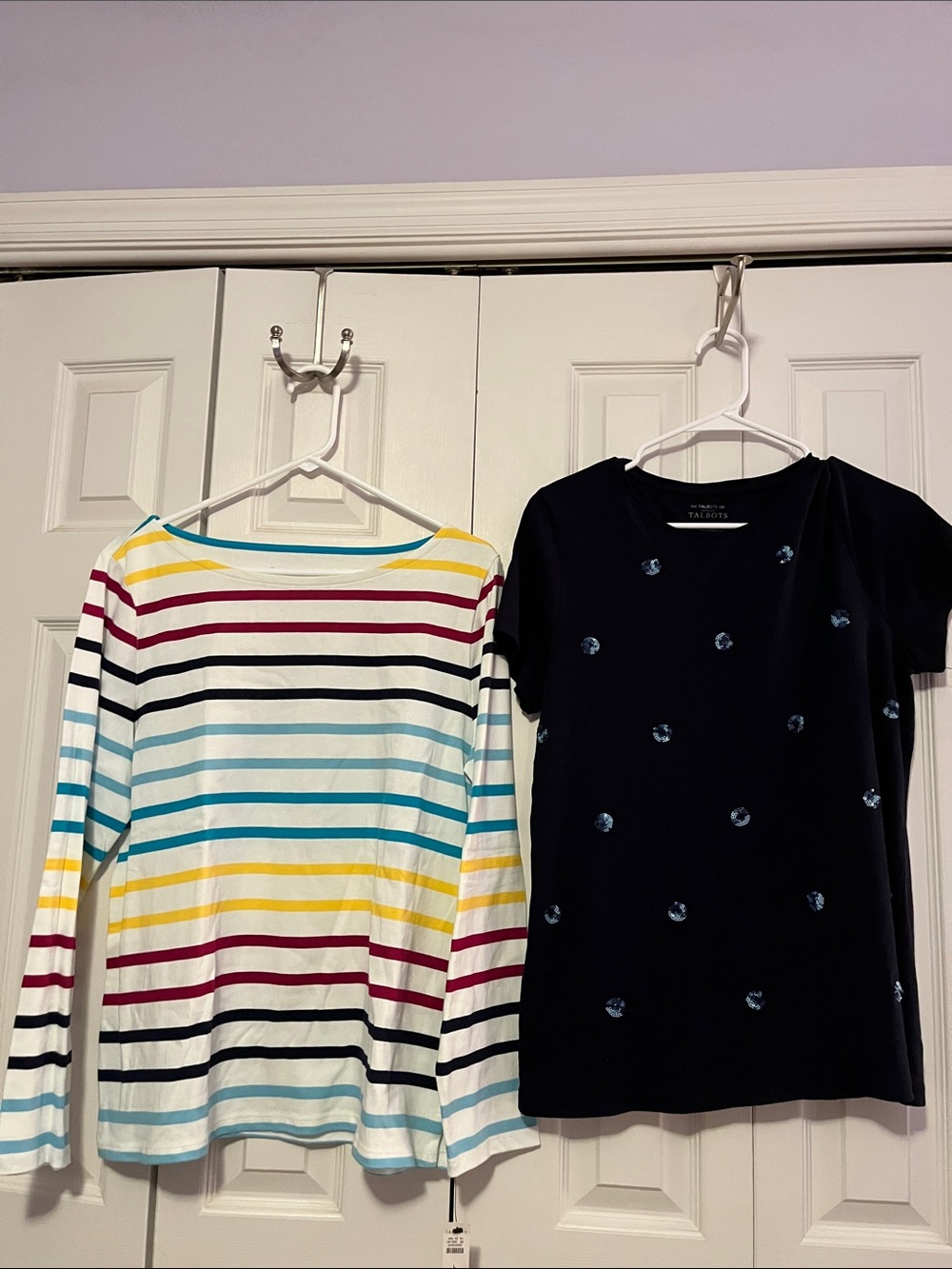 Talbots Navy Embroidered Tee and Multicolor Striped Long-Sleeve Top